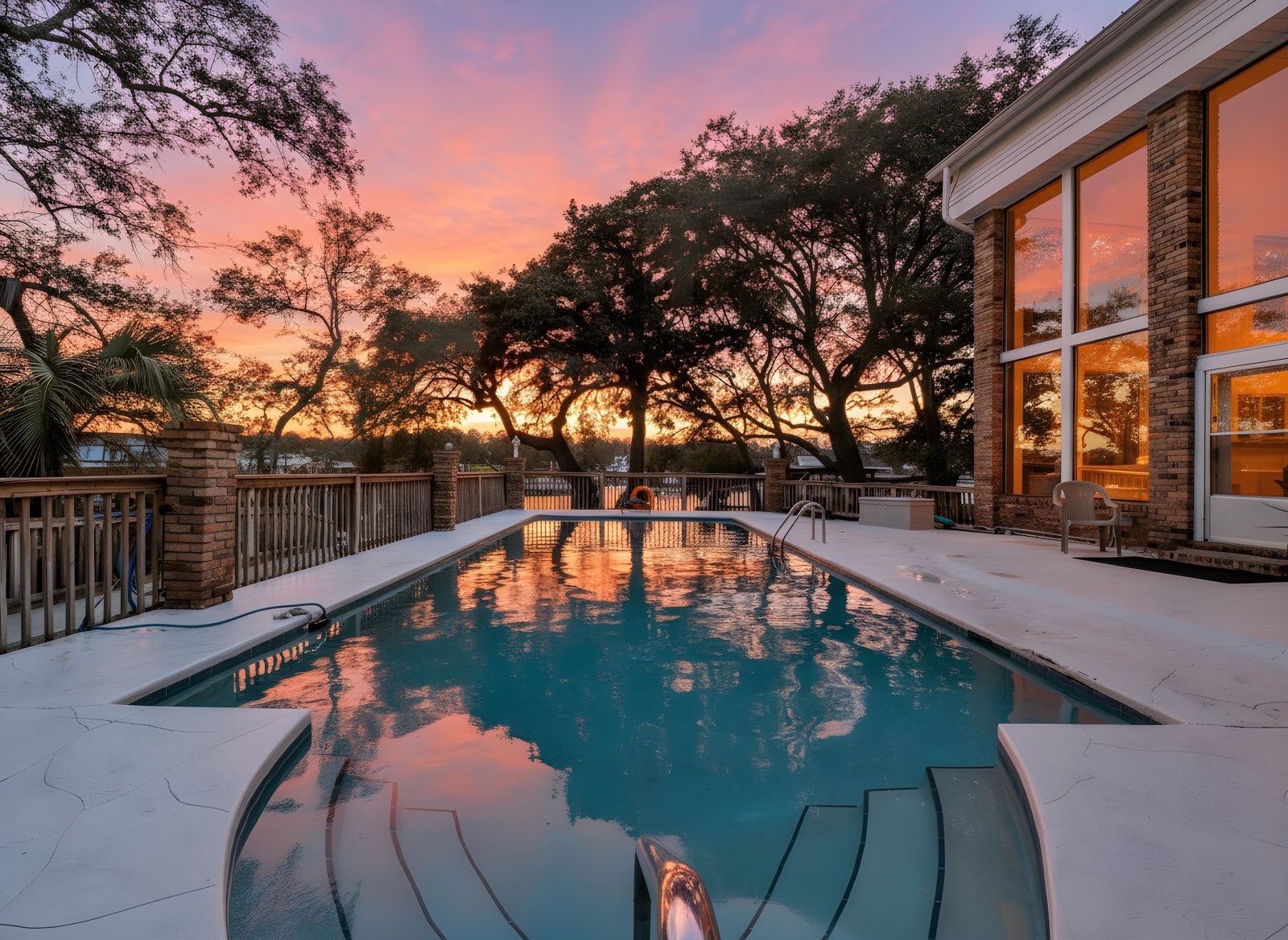 Backyard pool reflecting a pink and orange sunset sky